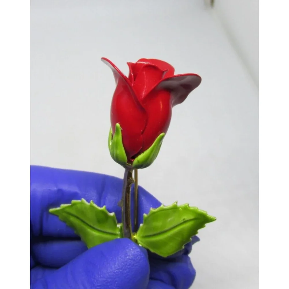 Vintage Red Rose Enameled Brooch With Green Leaves On Gold Tone Stem 3 in